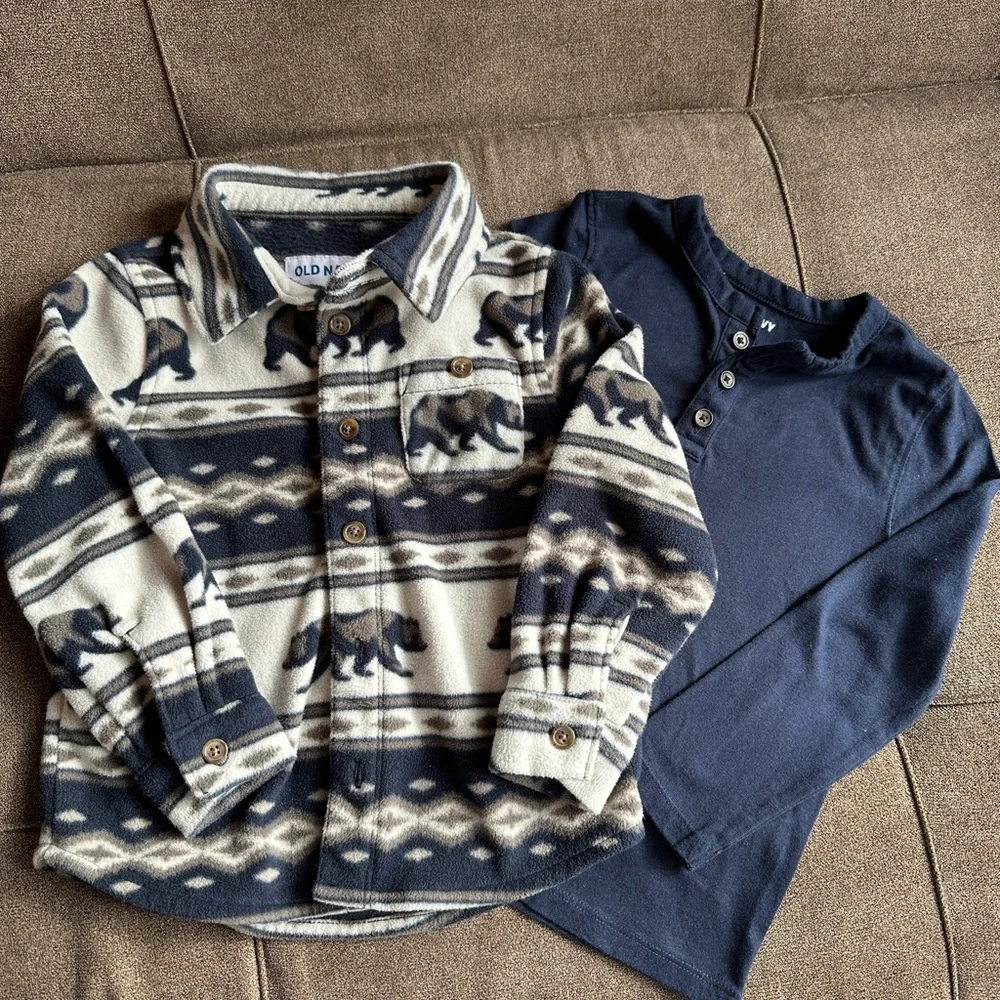 Old Navy Bear Print Shirt and Navy Henley